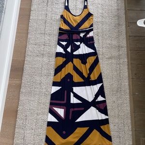 Bel Kazan Maxi Dress Small Navy Yellow Purple Abstract $200 Bali Made Pockets